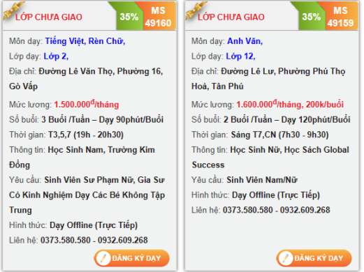 Lớp dạy cần gia sư Đất Việt