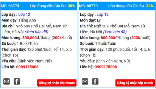 Lớp dạy cần gia sư